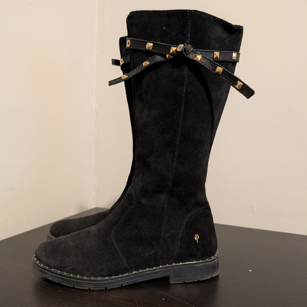 Primigi Black Suede Boots with Gold Studs Bow Ties Comfortable Classic Winter 6